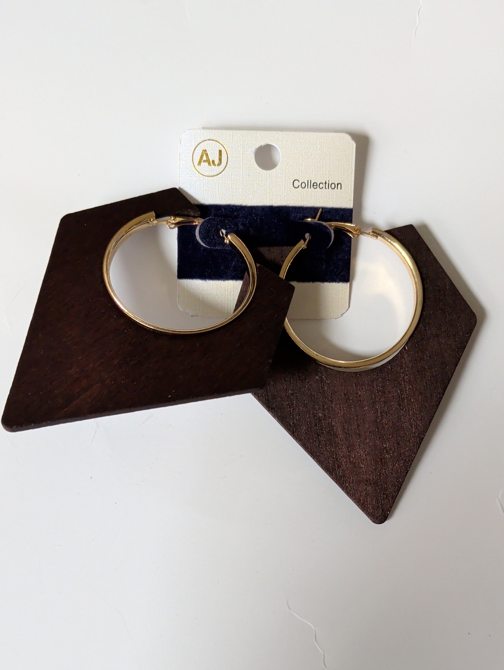 NWT AJ Collection Gold Hoops with Dark Brown Wood Diamond Pendants
